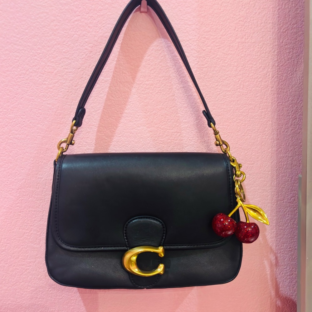 Black Leather Shoulder Bag with Gold Accent